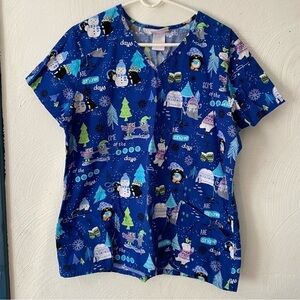 ScrubStar‎ Shirt Size L Women’s V Neck Christmas Snowman Blue Pull On